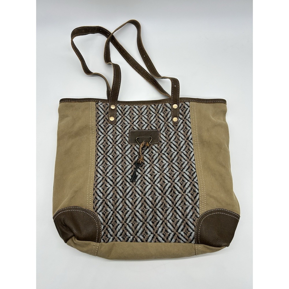 Myra Bag Brown Canvas, Short line Pattern, Zipper Back Pocket Leather Key Accent